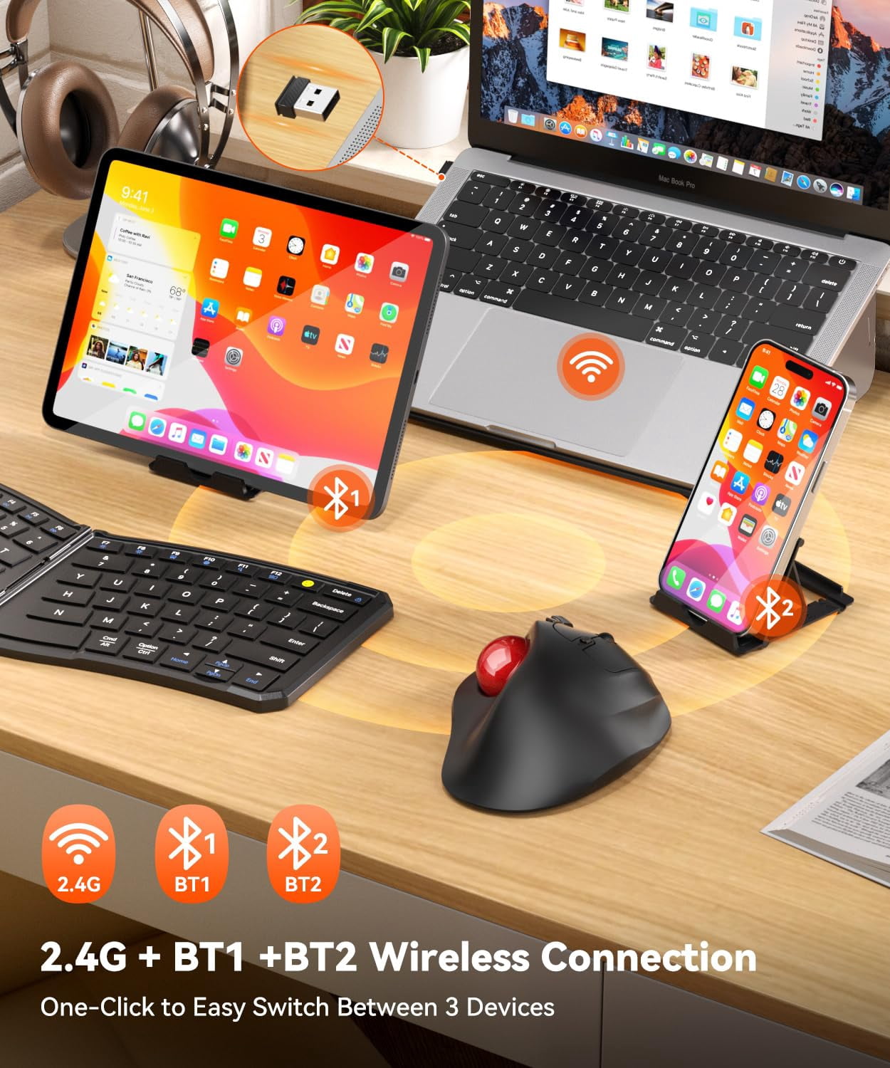 Wireless Trackball Mouse  3 Device Connection (bluetooth Or 2.4g Usb Receiver) Quiet Computer 2*aaa Thumb Laptop Mice With 5 Level Dpi For Pc/laptop/mac/windows Red