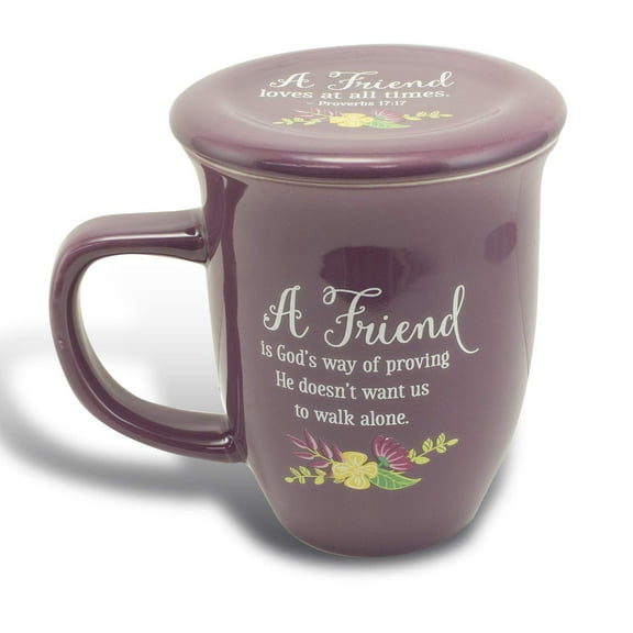 A FRIEND Proverbs 17:17 Purple Floral 14 oz. Ceramic Mug and Coaster Set Boxed QGM21144