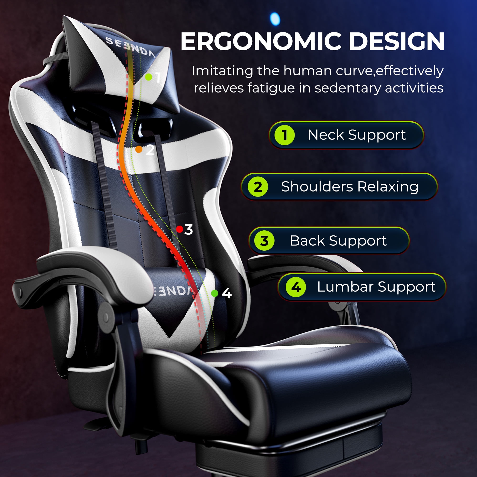 Gaming Chair, Seenda Video Game Chair with Footrest and Lumbar Support, Ergonomic Computer Chair Height Adjustable with Swivel Seat and Headrest, White