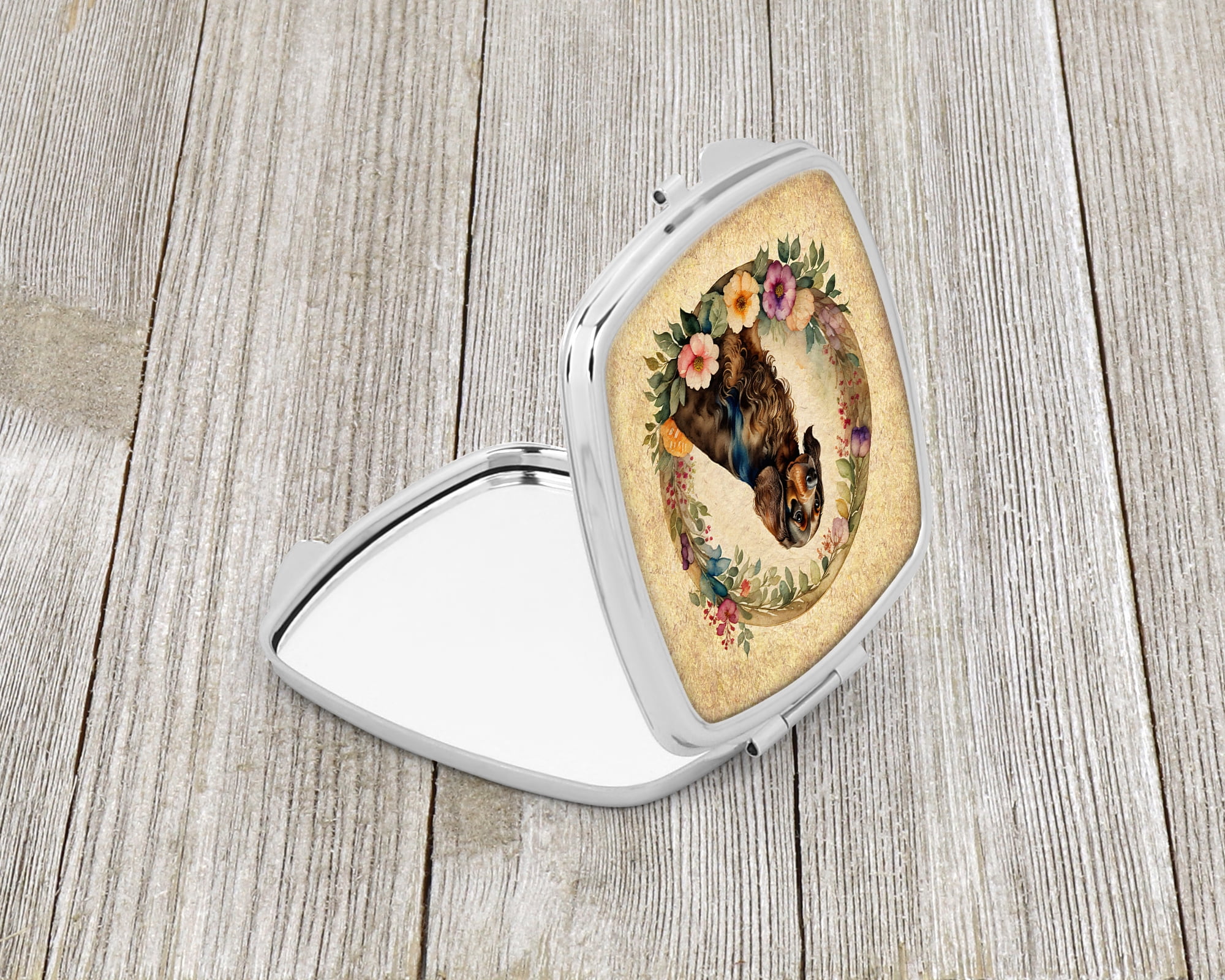 Field Spaniel and Flowers Compact Mirror 2.75 in x 3 in