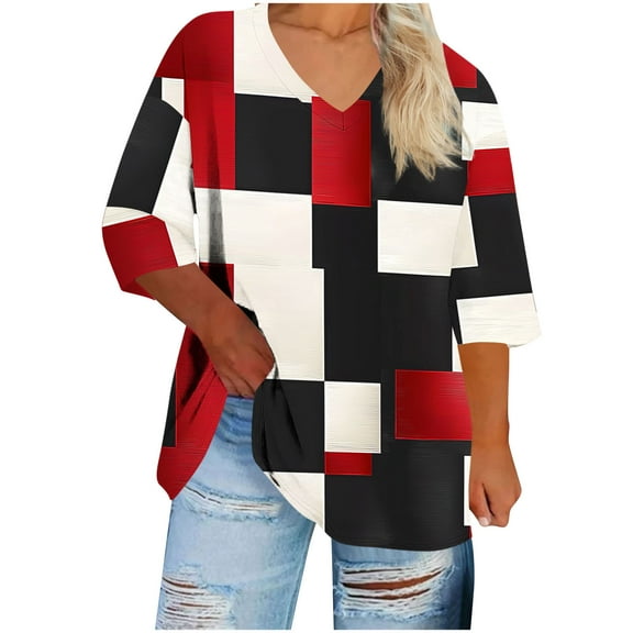 Yuanlook Shirts for Women,3/4 Length Sleeve Womens Tops Dressy Casual Pleated Blouses V Neck Tee Shirts - Red - XXXXL