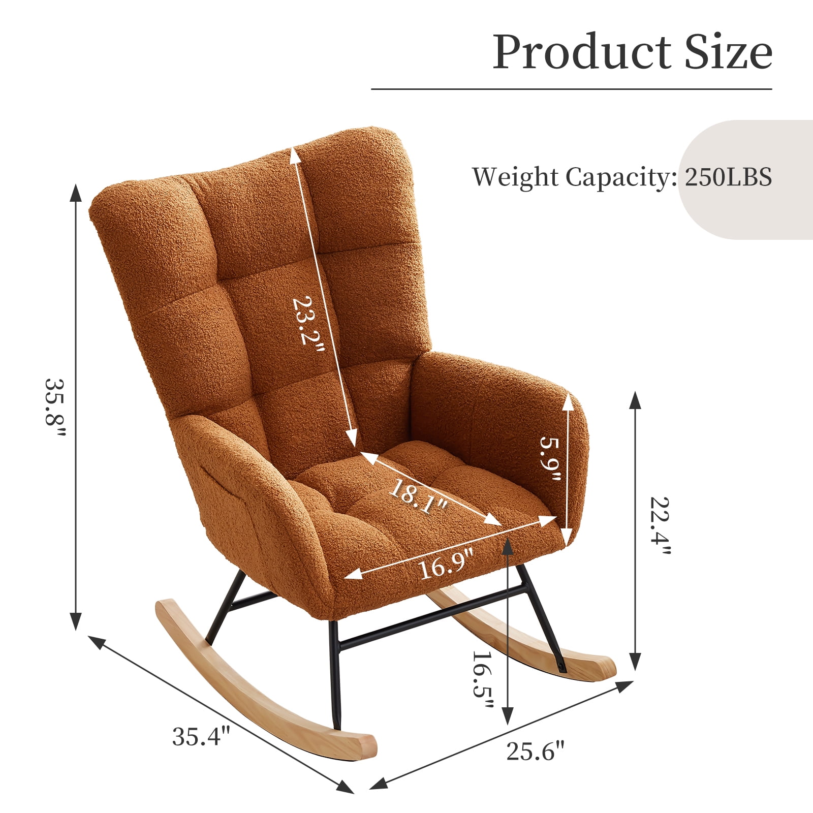 300Lbs Load-Bearing Nursery Glider Rocking Chair, Teddy Upholstered, High Backrest & Armrests, Side Pockets, Padded Seat, High Backrest, Armrests, Metal Legs & Wood Base for Living Room, Bedroom