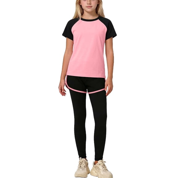 OGLCCG Tween Girl's 2 Piece Workout Outfits Color Block Short Sleeve Tees and Fake Two Piece Yoga Legging Lightweight Summer Outfits 3-15 Years