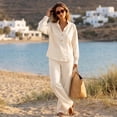 thumbnail image 5 of Stralyhd Womens 2 Piece Outfits Long Sleeve Stand Collar Button Down Shirt Wide Leg Pants Summer Casual Trendy Lounge Set Beige XXL, 5 of 6