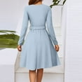 thumbnail image 4 of WTOBBY Women's Fashion Casual V-Neck Long Sleeve Waist Solid Color Floral Midi Dress Subtle Floral Accents on Solid Background Waist-Cinching Design for Slim Fit Versatile ,Light Blue M, 4 of 5