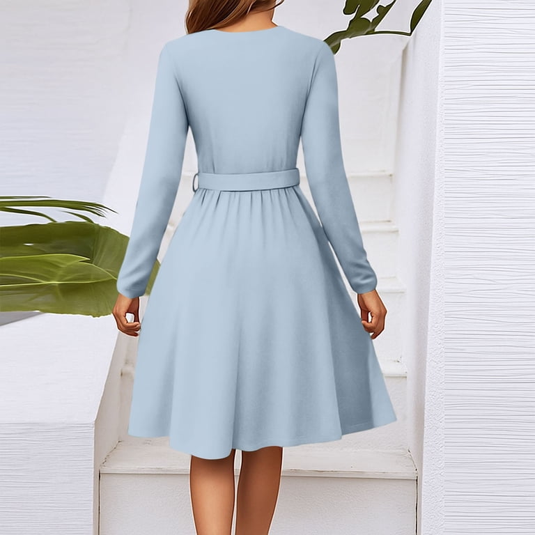 Xyxonk Women's Casual Dresses Long Sleeve Fashion Teacher Dress Fall V Neck Dress  Empire Waist Office a Line Solid Color Dresses Light Blue S - Walmart.com