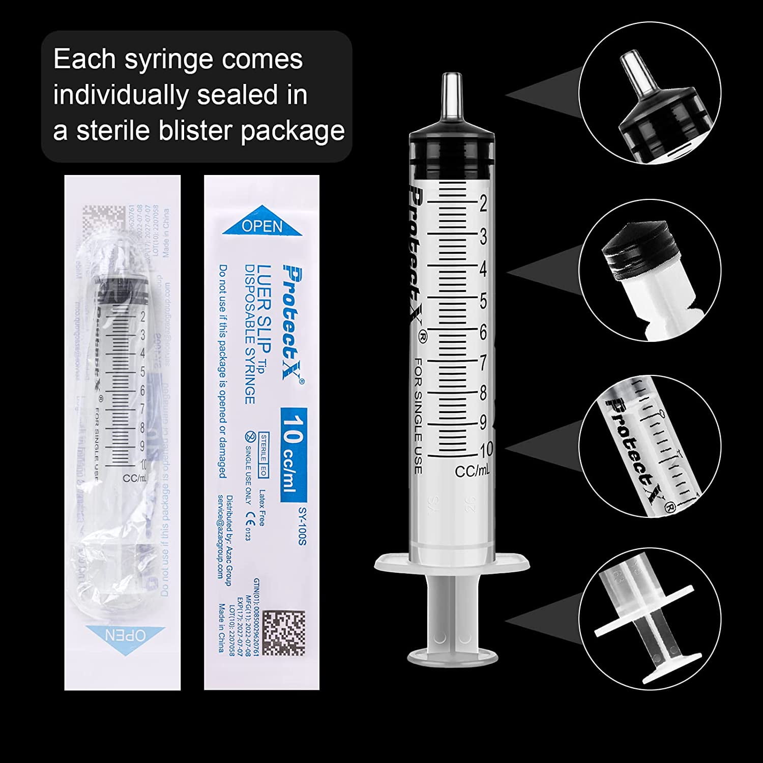 ProtectX 100 Pack 10ml Disposable Luer Slip Sterile Dispenser/Syringe (No Needle) Individually Sealed, Smooth and Accurate Dispensing for Science Labs