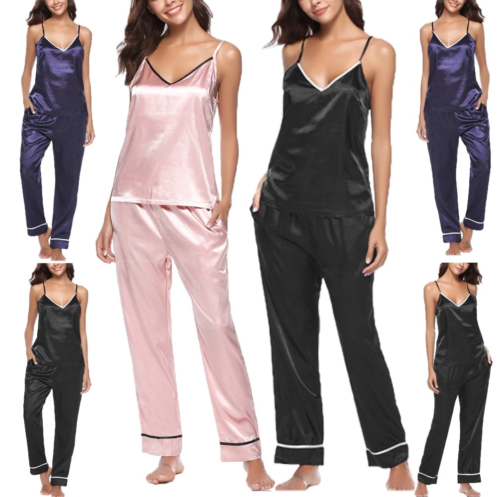 Ladies Silk Pajama Long Pants & Sleeveless Tops Set/2 Piece Pajamas Sleepwear