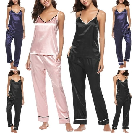 Women's Sleepwear Silk V- Neck Sleeveless Top Pajama Pant Set Nightwear ...
