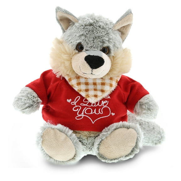 DolliBu I LOVE YOU Sitting Gray Wolf Plush- Cute Stuffed Animal with Red Shirt For Valentine, Anniversary, Romantic Date, Boyfriend, or Girlfriend Gift - 9 Inches