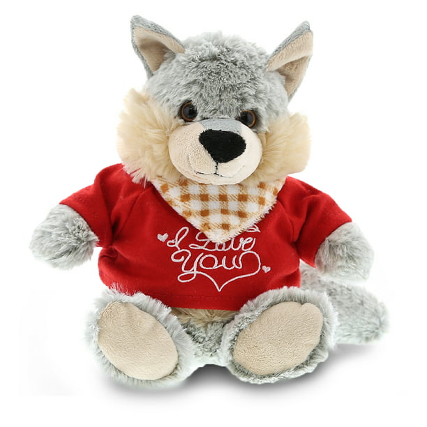 DolliBu I LOVE YOU Sitting Gray Wolf Plush- Cute Stuffed Animal with ...