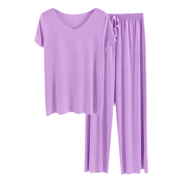 Women's Summer Loungewear Set - Seamless Trousers, Soft Pajamas, Solid Color, Relaxation