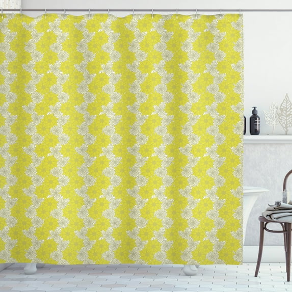 Spring Shower Curtain, Bicolor Floral Arrangement Seasonal Nature Illustration with Petal Blooms, Fabric Bathroom Set with Hooks, 69W X 84L Inches Extra Long, Yellow and Ivory, by Ambesonne