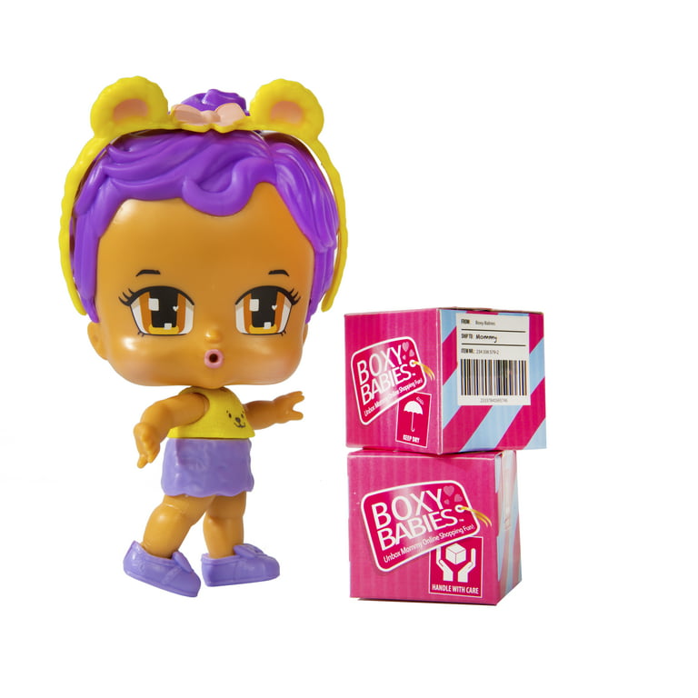 Boxy Babies Twins Set Collectible Fashion Toys - Purple Hair Baby Girls Izzie and Lizzie Dolls with Teddy Headband Accessory - 2 Unboxing Boxes