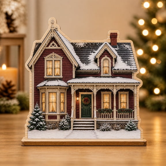 Christmas House Wooden Block Storybook Cottage Wood Tabletop Display Holiday Gift