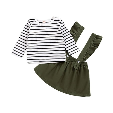 

Kucnuzki 2T Toddler Baby Girl Winter Skirt Set 3T Toddler Girl Long Sleeve Stripe Prints Tops Suspender Flowing Skirt Headband 3PCS Set Green