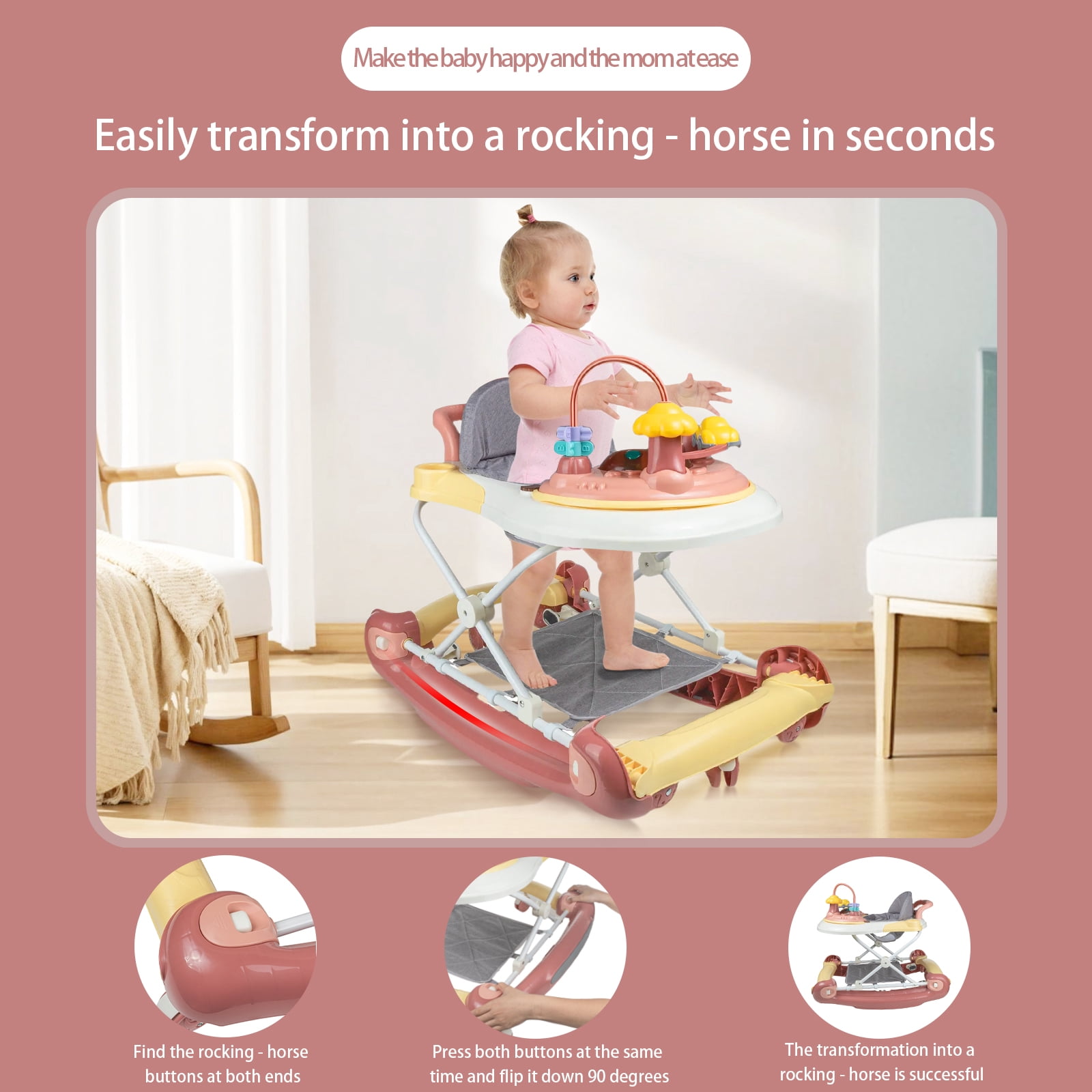 OUYI Foldable Baby Walker for Newborn & Toddler Safe - Sunshade, Foldable for Portability, Pink