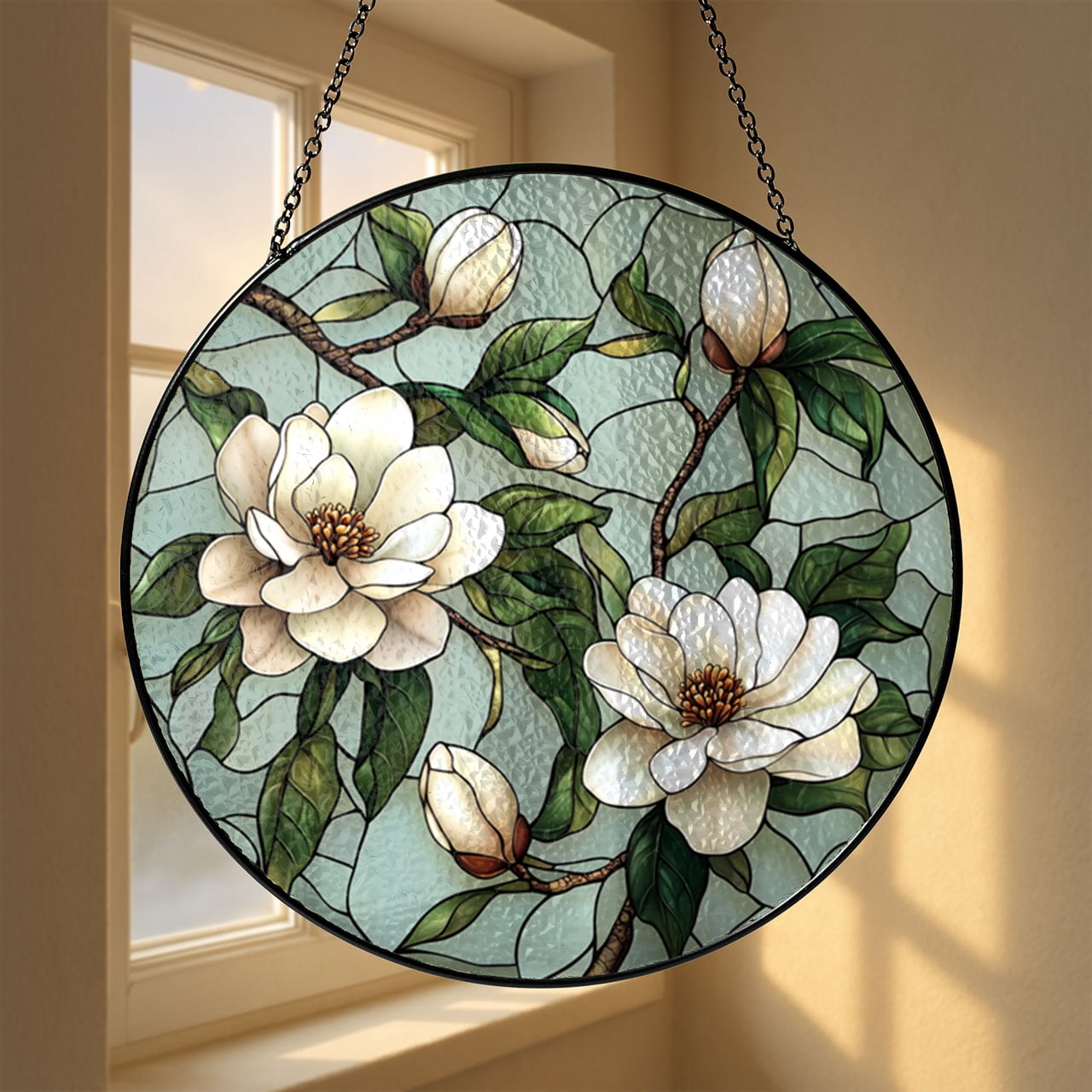 Faux Stained Glass Magnolia Acrylic Panel, Floral Window Hanging for Mother’s Day