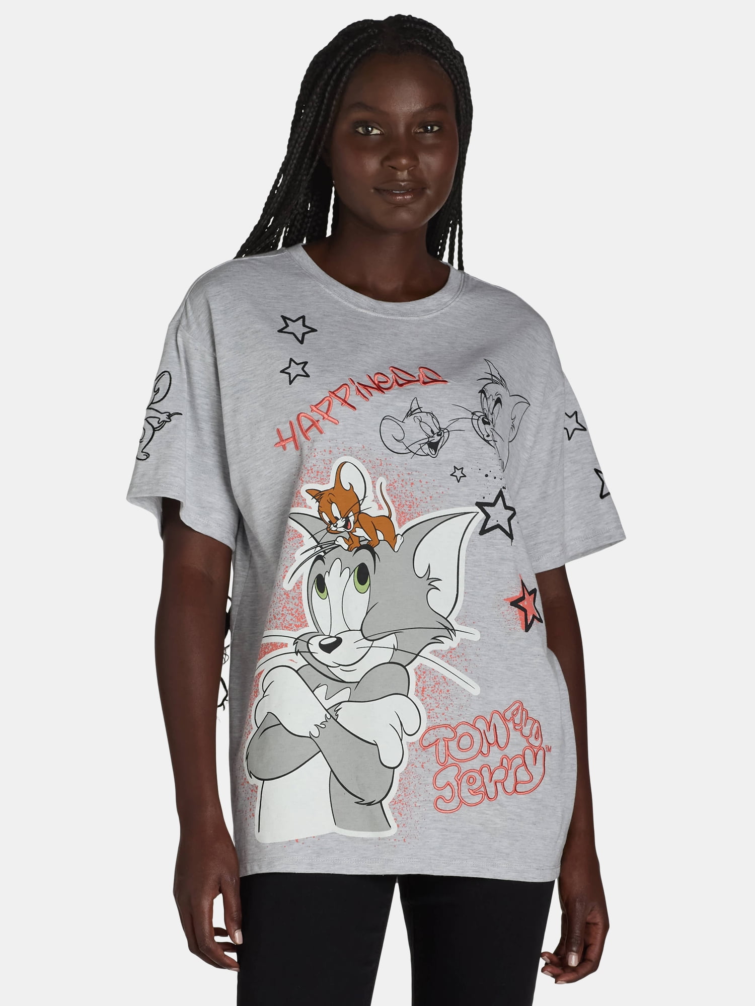 Tom and Jerry Women's Embroidered Graphic Print T-Shirt, Sizes XXS