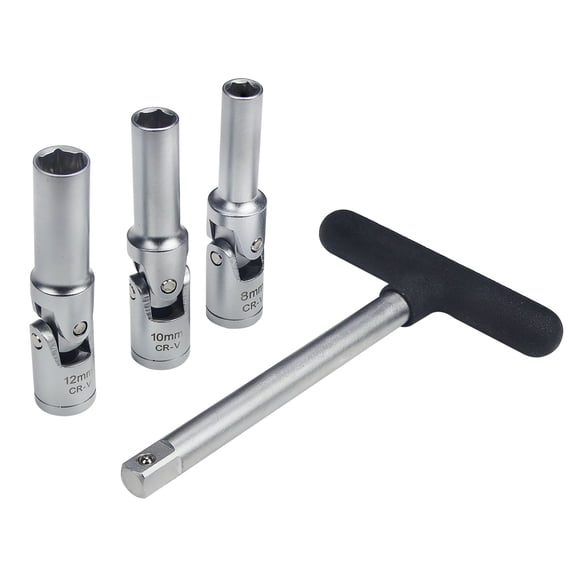 4 Piece Glow Plug Socket Set with 3/8" Dr T-Bar, Glow Plug Sizes (8mm, 10mm, 12mm) Ideal Broken Glow Plug Removal Tool