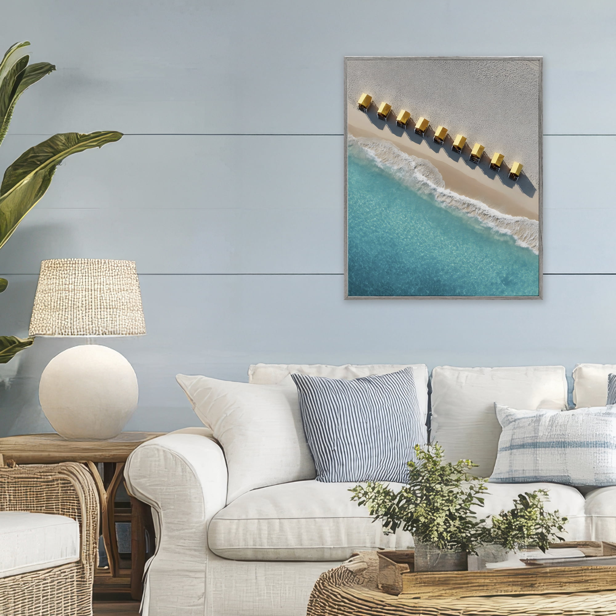Stupell Industries Yellow Cabanas Along Shore Gray Framed Giclee Art, design by Franklyn Gregory