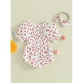 thumbnail image 3 of Newborn Baby Girls Summer Outfits Short Puff Sleeve Cherry/Carrot Print Romper with Headband Set, 3 of 8