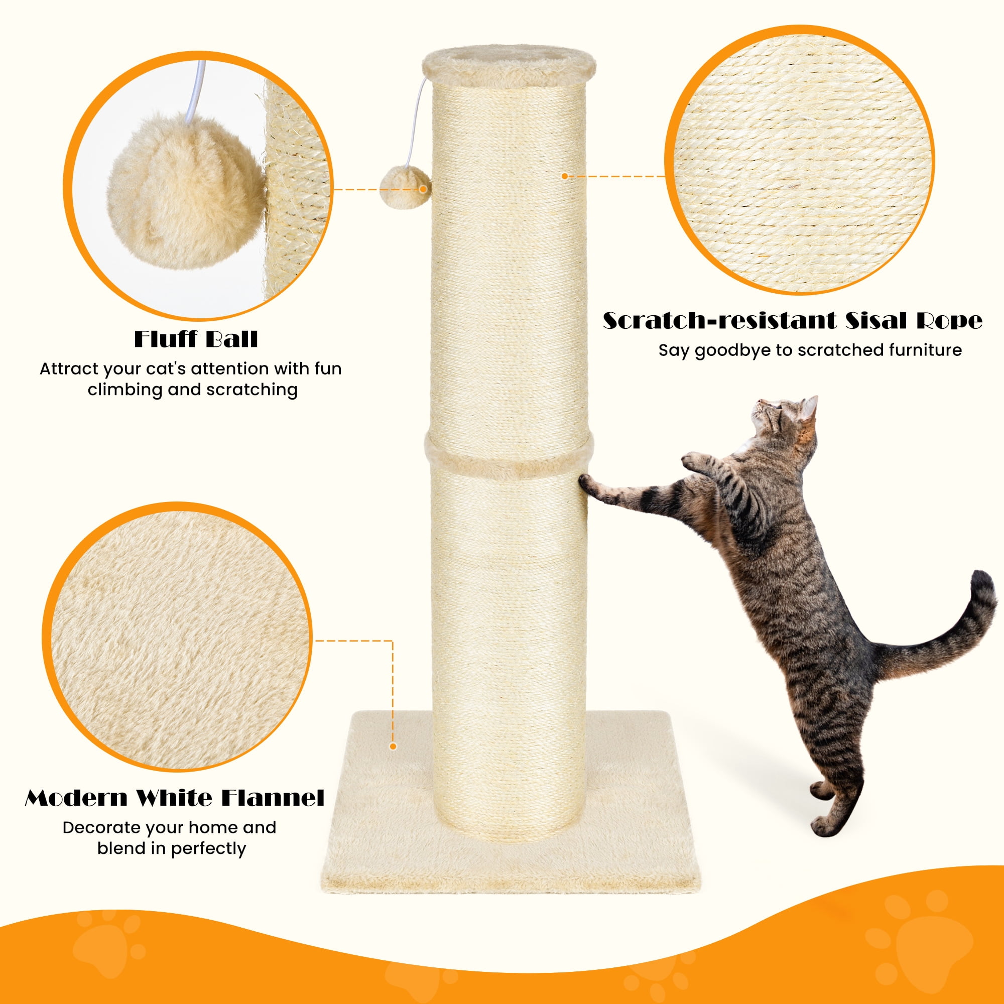 PAWSCRAT Cat Scratching Post 32 Inch High, 5.5 Inch Large Diameter Natural Sisal Cat Scratch Post,Protect Your Furniture, Scratch-Resistant and Durable Tall Cat Scratcher for Indoor Cats, Beige