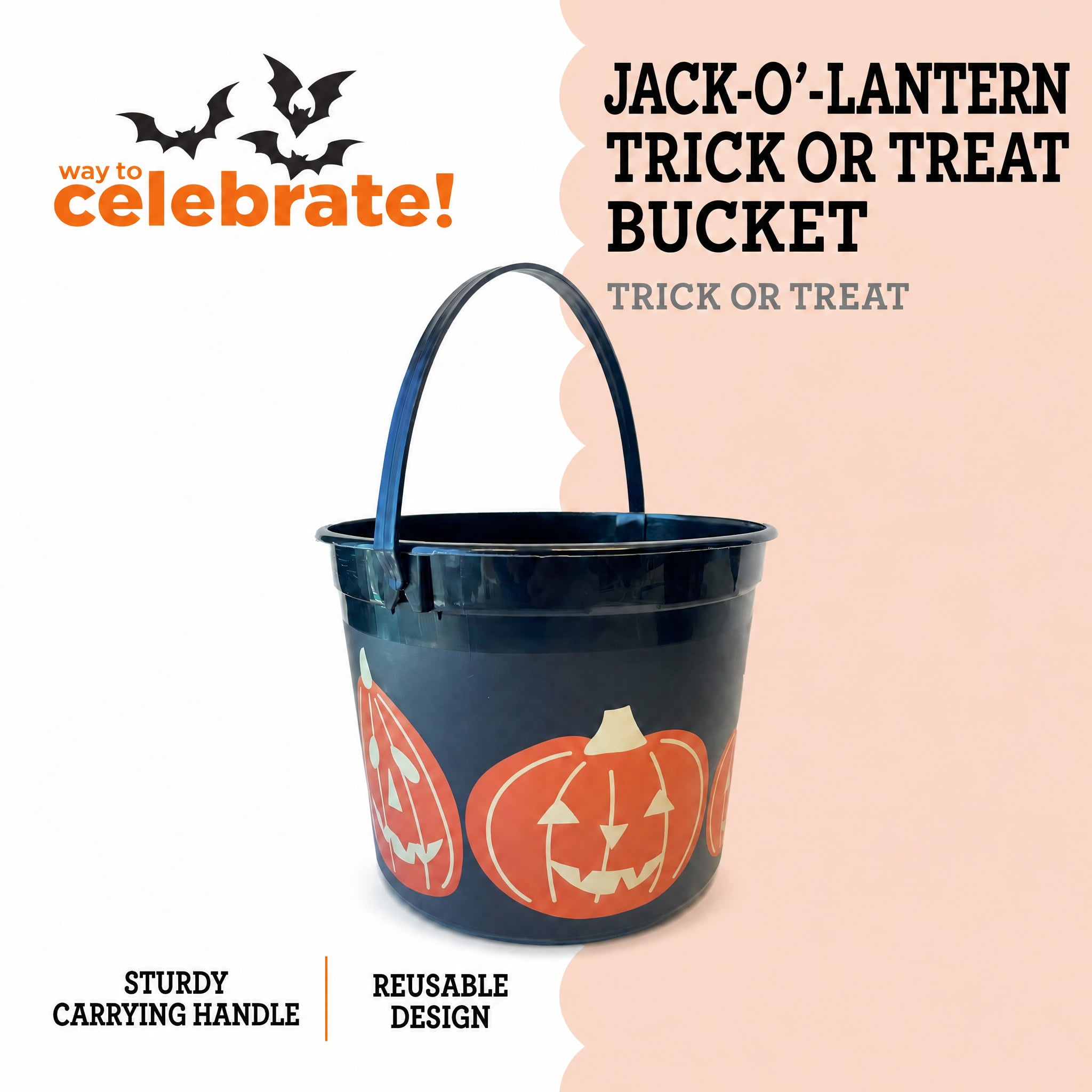 Jack-o'-Lanterns Trick-or-Treat Bucket, Black and Orange, 6.5", Halloween by Way To Celebrate
