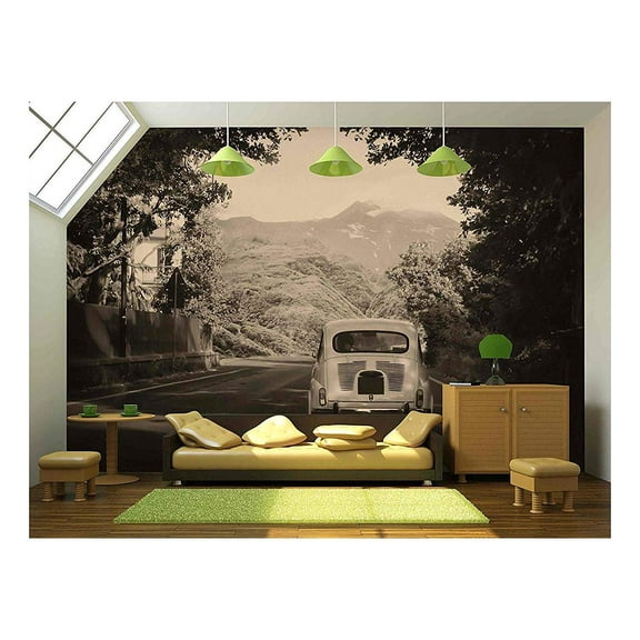 wall26 - Sepia Photo of a Retro Car Going to Mountains - Removable Wall Mural | Self-Adhesive Large Wallpaper - 100x144 inches