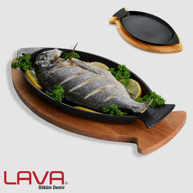 Lava Enameled Cast Iron Fish Shaped Skillet with Wooden Service Platter,  Three Layers of Enamel Coated Fish Cast Iron Grill and Serving Pan, Oven  and