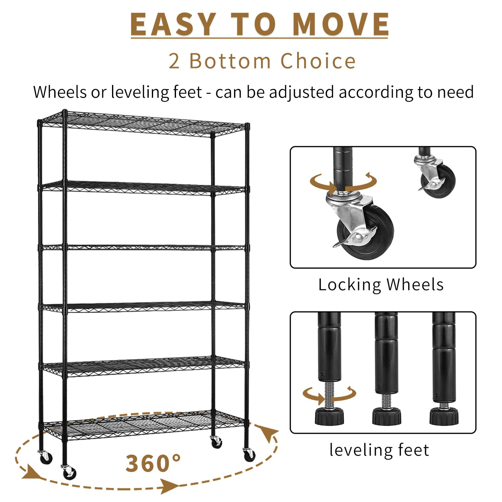 NiamVelo Black Adjustable 6-Tier Wire Shelving Unit