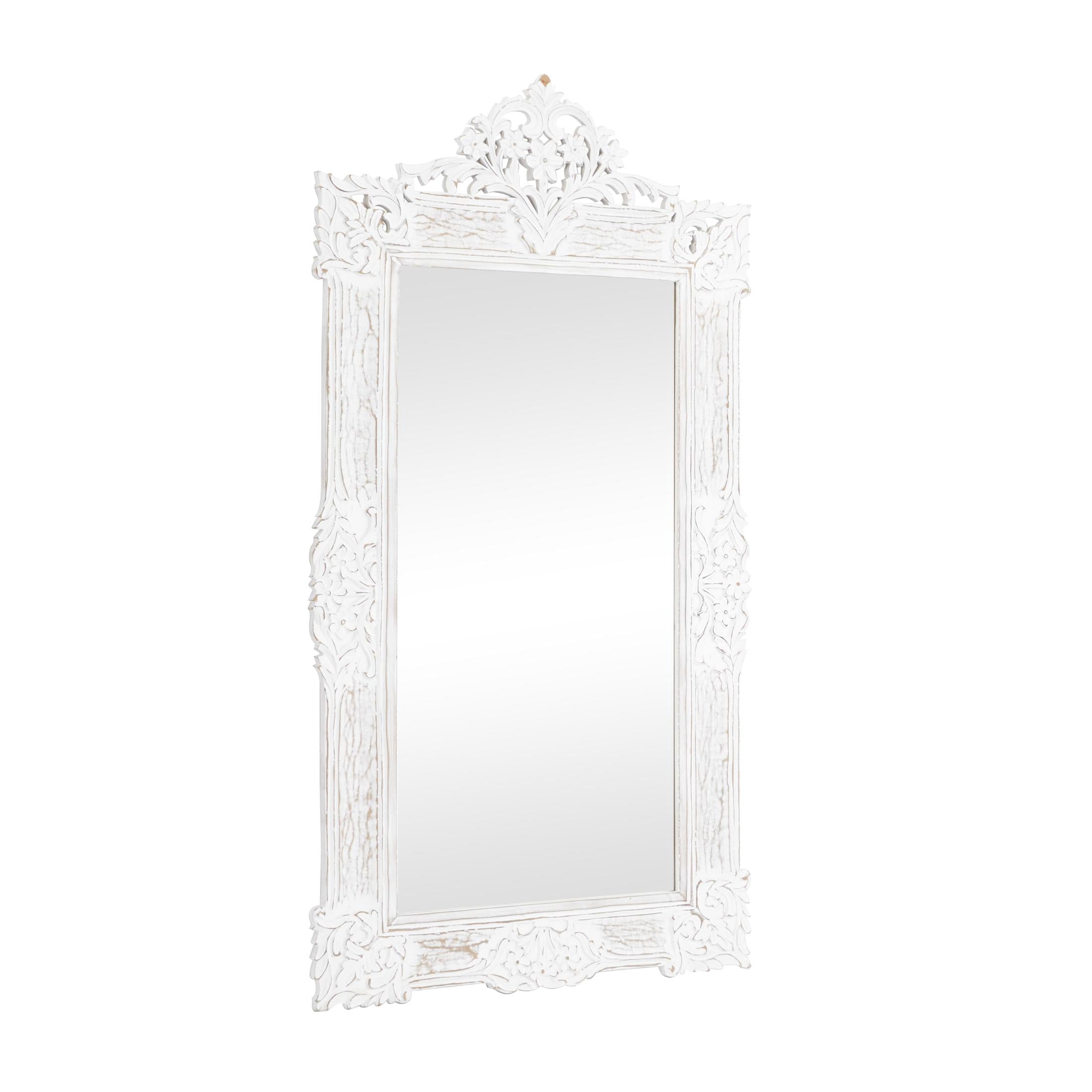 DecMode 36" x 69" White Intricately Carved Acanthus Floral Wall Mirror