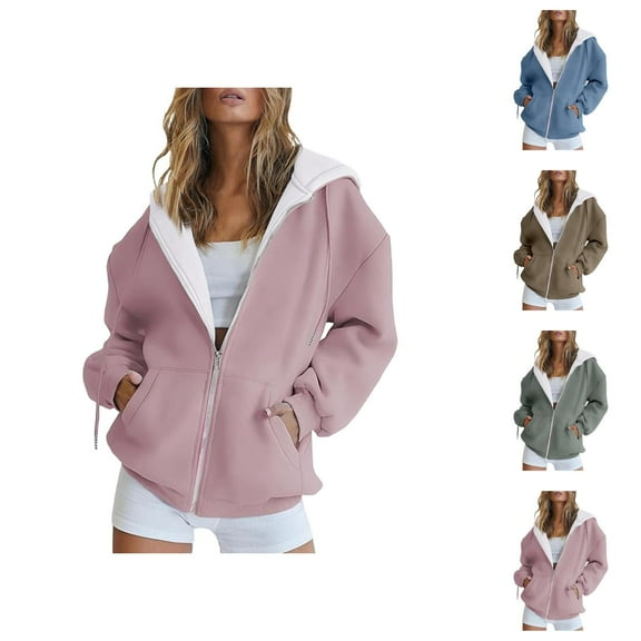 Clothes for Women Women's Solid Color Sweatshirt Women's Casual Fashion Hooded Drawstring Solid Color Zipper Coat Pocket Coat Sweatshirt