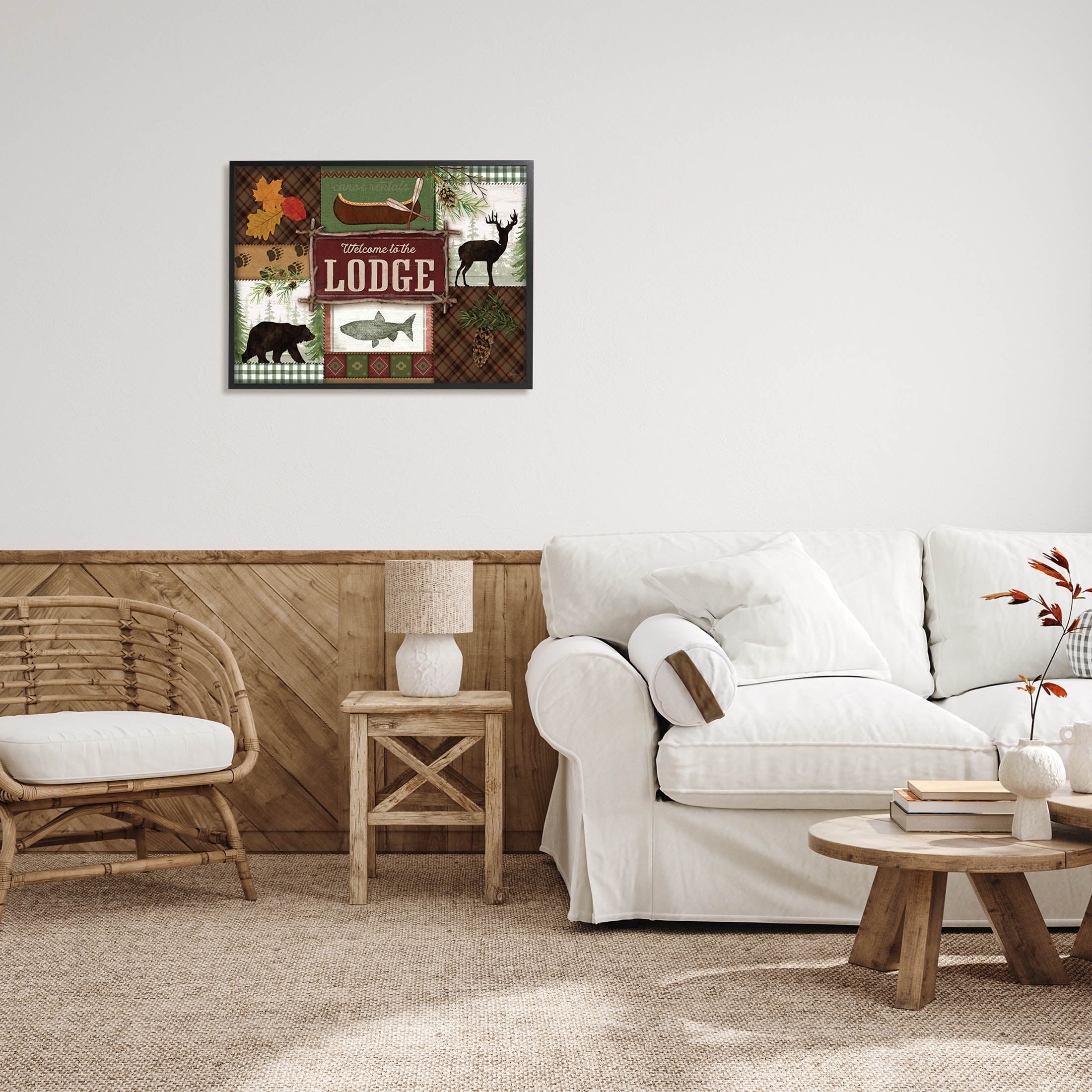 Welcome Lodge Plaid Wildlife Sign Animals & Insects Graphic Art Black Framed Art Print Wall Art
