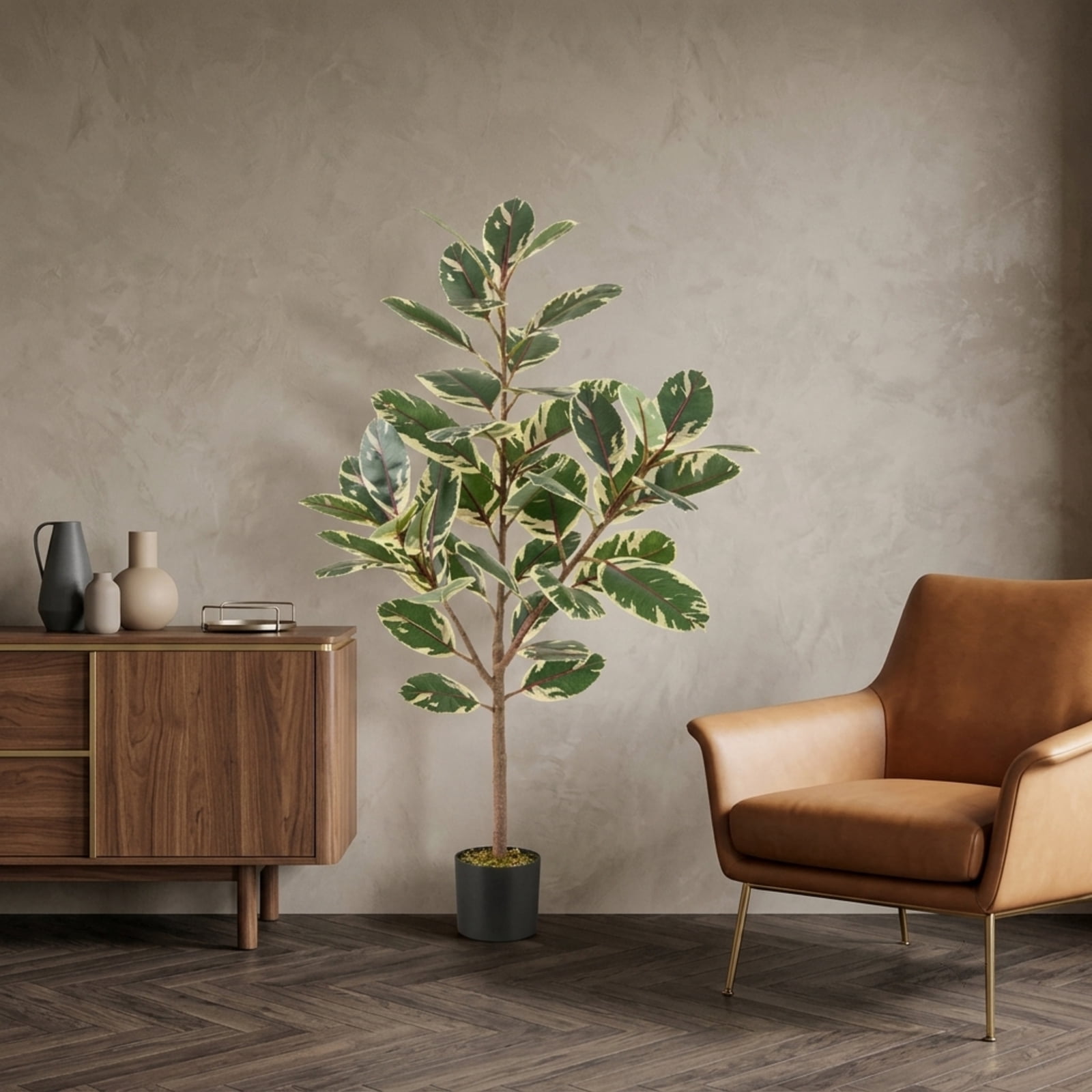 Vebreda 2-Pack 51-Inch Artificial Variegated Rubber Trees in Cement-Filled Pots, Faux Ficus Elastica Plants for Indoor Decoration