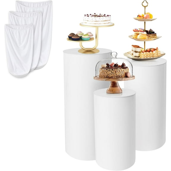 3Pcs Cylinder Stands for Party White Round Pedestal Stand (with 3pcs Spandex Cloth Cover) for Birthday Wedding Party Outdoor Indoor Decor (White)