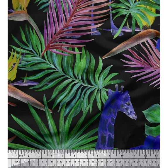 Soimoi Purple Cotton Cambric Fabric Tropical Leaves,Floral & Giraffe Face Animal Print Sewing Fabric BTY 56 Inch Wide