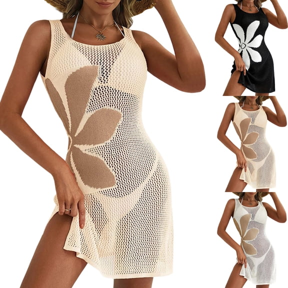 Women's Beach Cover Up Skirt Hollowed Out Knitted Bikini Swimsuit Sun Dress for Resort Vacation Pool,Black,L