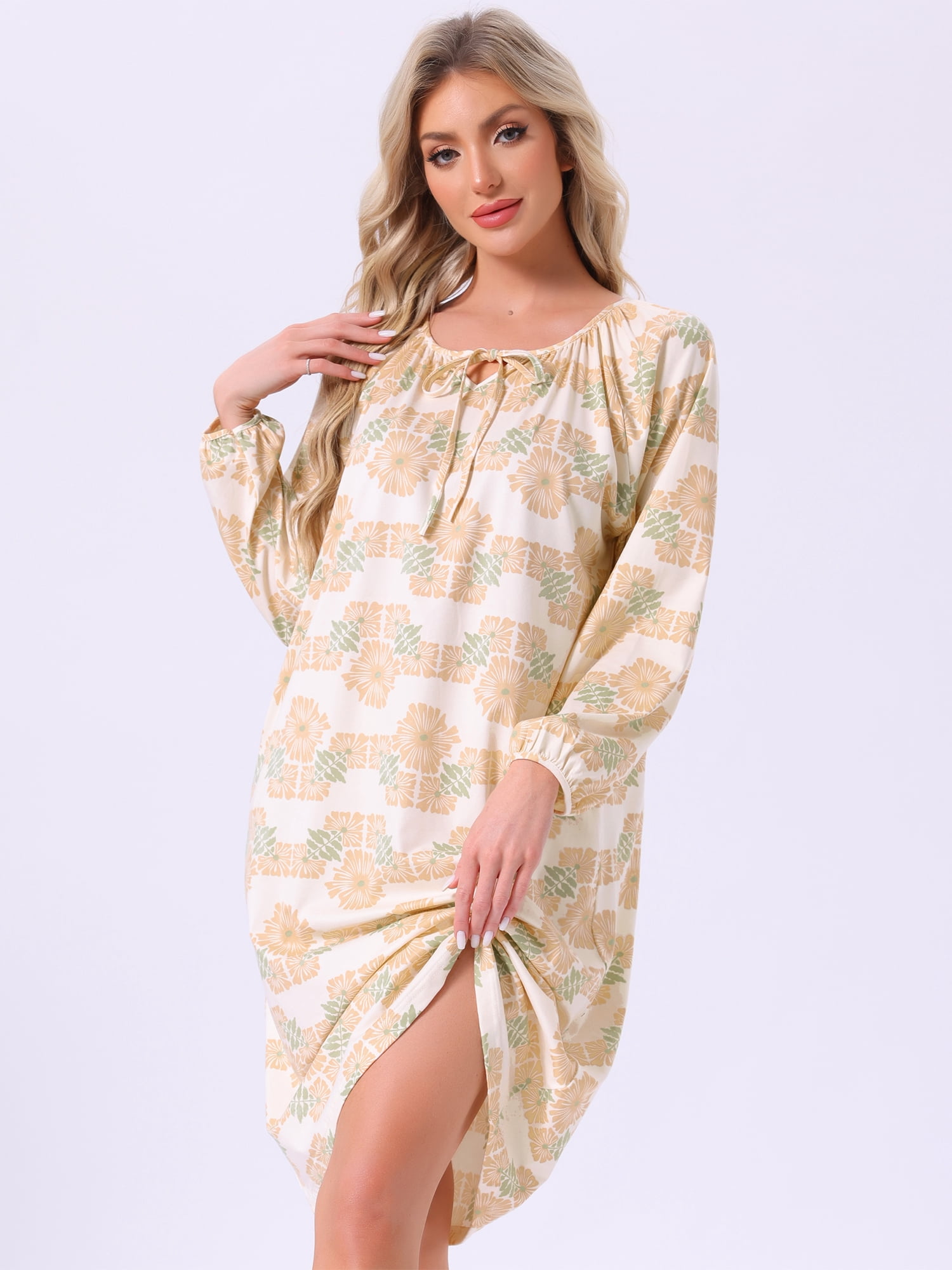 DARING DIVA Women's Long Sleeve Nightgown with Pocket S Yellow