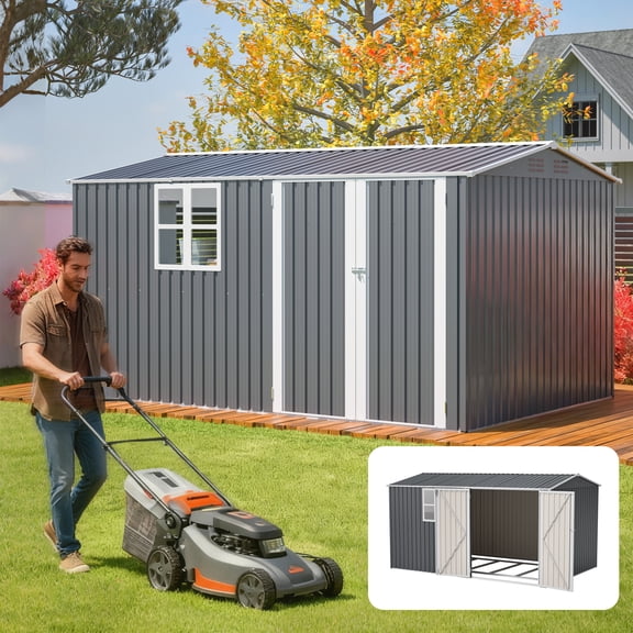RocVanc 12'x8' Outdoor Metal Storage Garden Shed with Floor Frame & Window, Lockable Doors and Air Vent for Backyard, Garden, Lawn, Gray