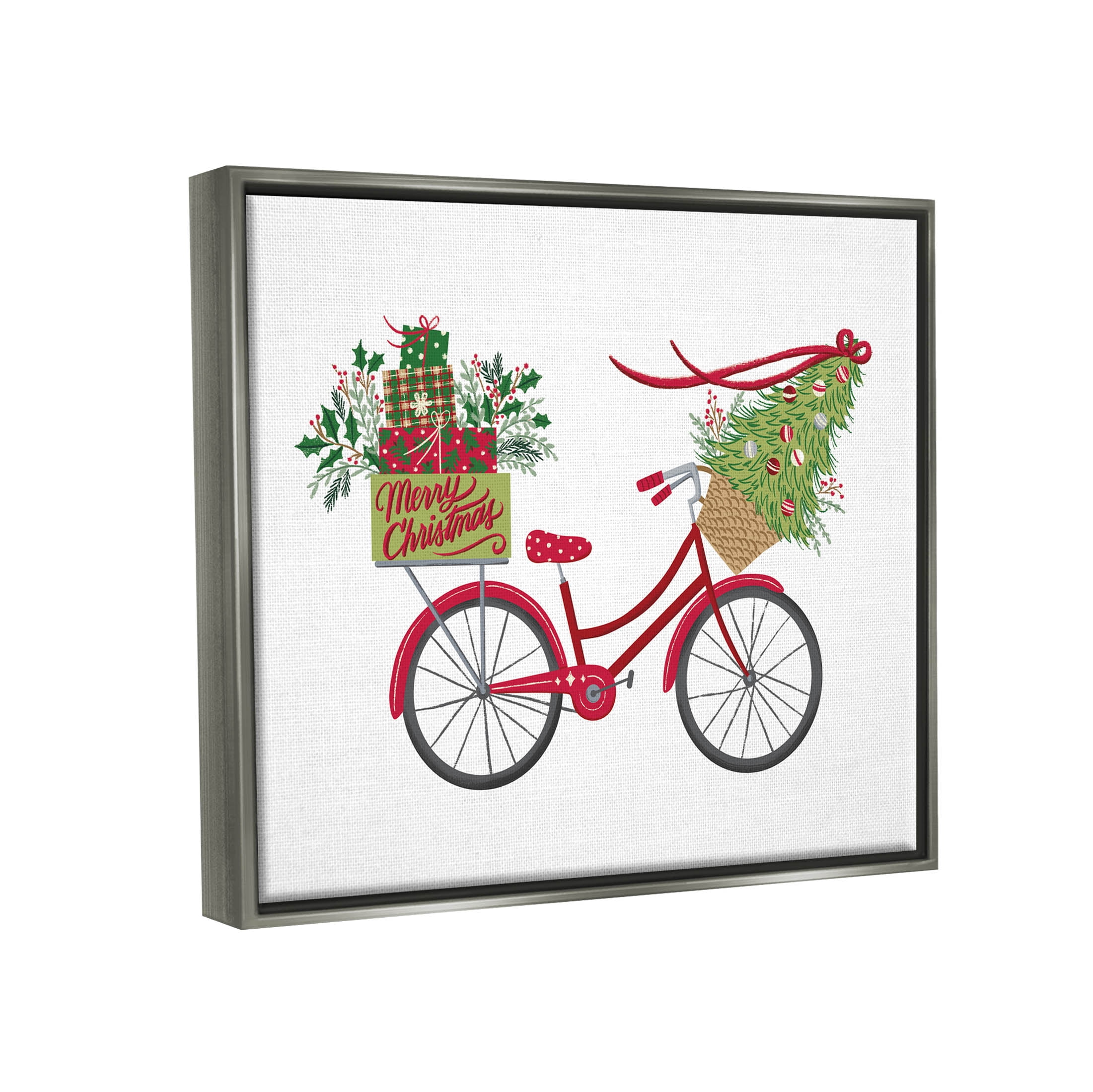 Stupell Industries Merry Christmas Seasonal Bicycle Graphic Art Luster Gray Floating Framed Canvas Print Wall Art, Design by Amanda McGee