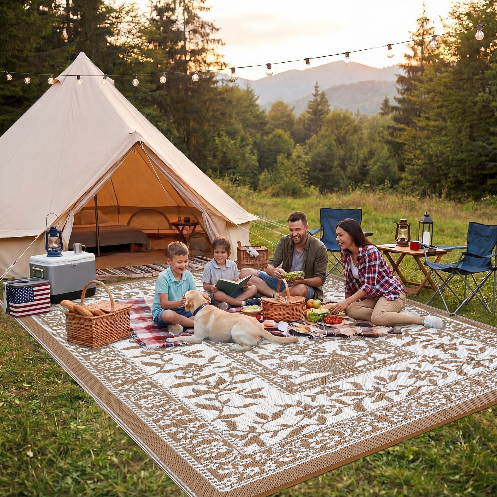 Outdoor Rug, Patio Waterproof, Reversible Plastic Straw Camping Rug, Botanical Grove Vintage Cottage core Outdoor Mat for RV, Deck, Picnic, Beach