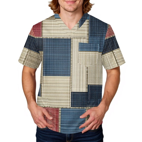 Domuza Scrub Top Men Plaid Stripe Graphics V Neck Short Sleeve Work Uniform Relaxed Fit Comfy Soft Medical Workwear with 3 Pockets Beige S