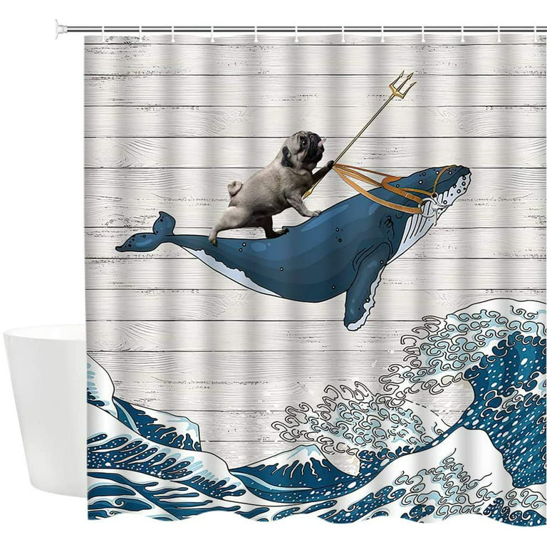 JOOCAR Dog Riding Whale in Ocean Wave on Vintage Wooden Bathroom Curtains,  Oriental Fabric Vintage Kanagawa Japanese Wave Art Shower Curtain for  Bathroom whit Hooks 72x72inch 
