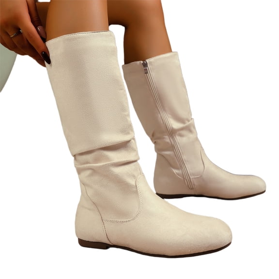 NexTorq Womens Low Heel Mid-Calf Slouchy Suede Slip On Casual Boots Vintage Round Toe Fall Booties with Side Zipper Beige US-6 (EU-36)