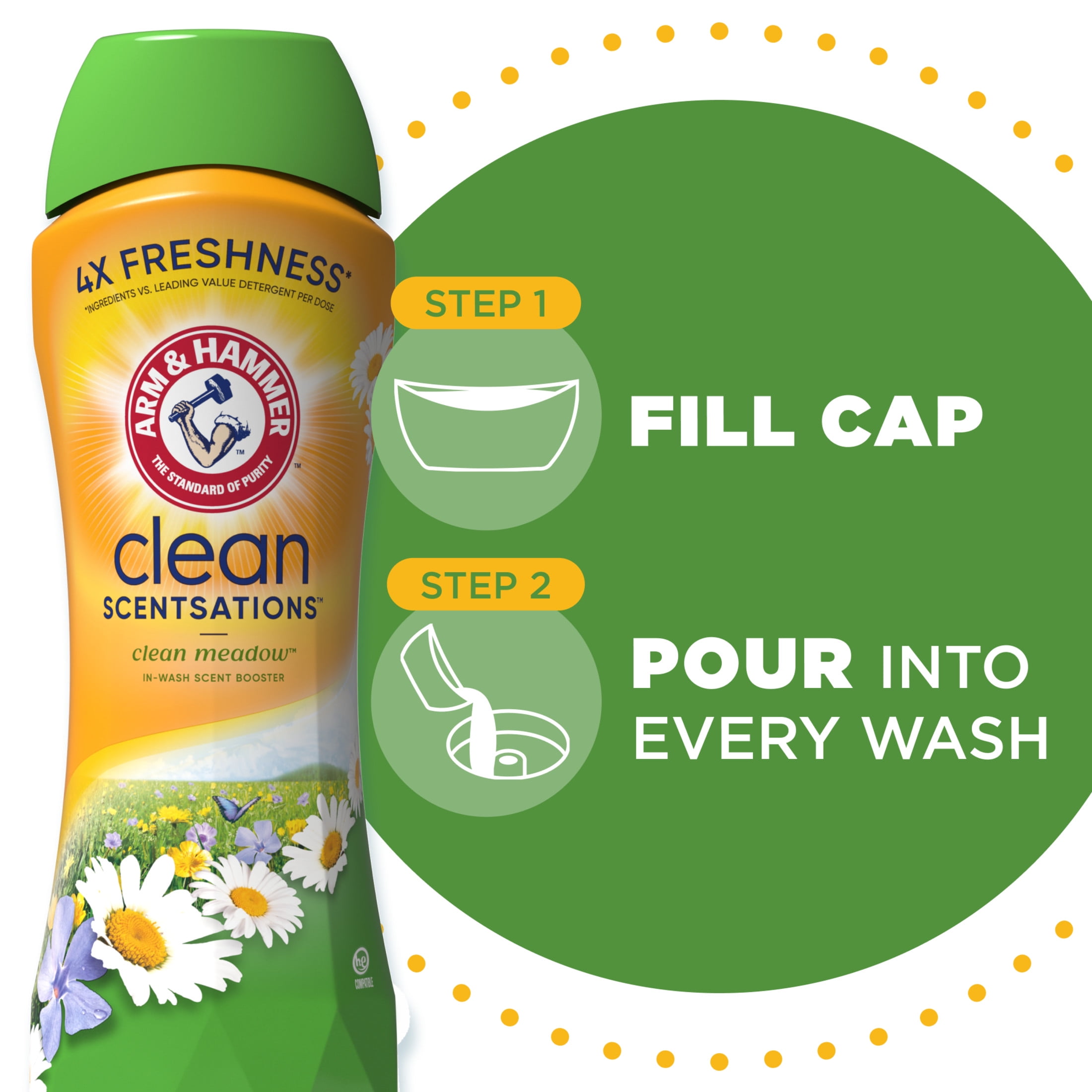 (4 pack) ARM & HAMMER Clean Scentsations Scent Booster, Laundry Beads Alternative, Clean Meadow scent, 24 Oz