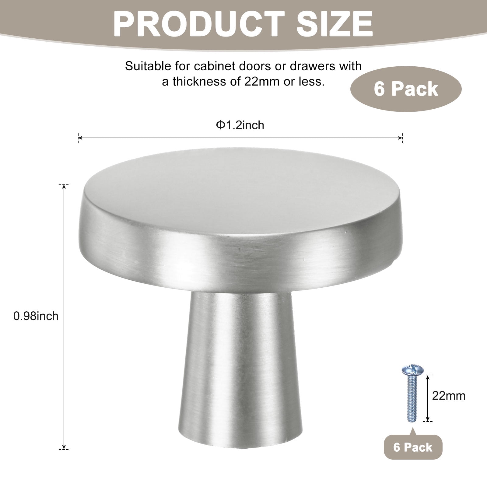 Uxcell 6-Pack Brushed Satin Cabinet Knobs, 1-1/5" Round Modern Zinc Alloy Knobs Handles [Matte Silver]