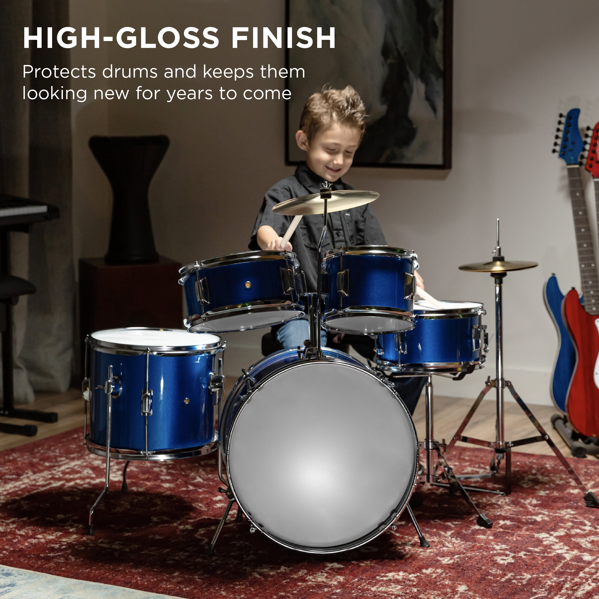 Child Kids Blue Drum Set 5 Piece Junior Complete Starter Kit with Stool 