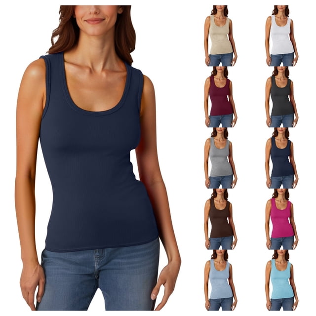 HJYCHN Women's Casual Low Round Neck Ribbed Sleeveless Tank Top Stretch Fitted Basic Top for Layering Navy XXL
