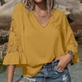 thumbnail image 6 of ZHYou Blouses for Women V Neck Pullover Lace Hollow 3/4 Sleeve Tops Summer Fall Business Casual Shirts,Yellow,Size XL, 6 of 7
